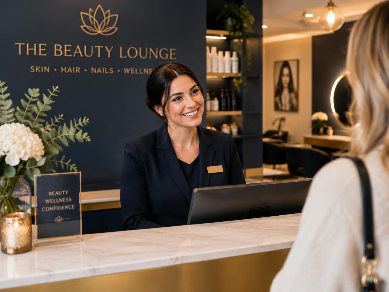 Recepcionista atendendo cliente em salão